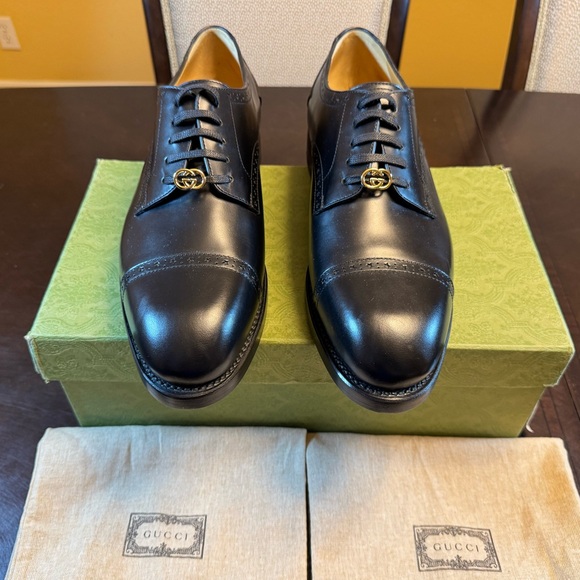 New Gucci GG Logo Star Brogue Lace Up Dress Shoes Black Size UK 12 / US 12.5 - Picture 1 of 16